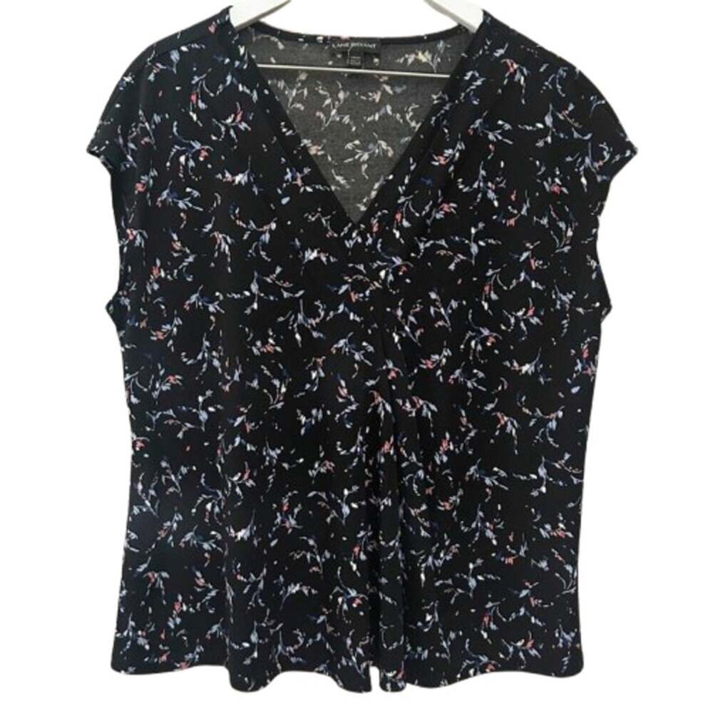LANE BRYANT Black Floral Cap Sleeve V-Neck Top Blouse Womens 14 16